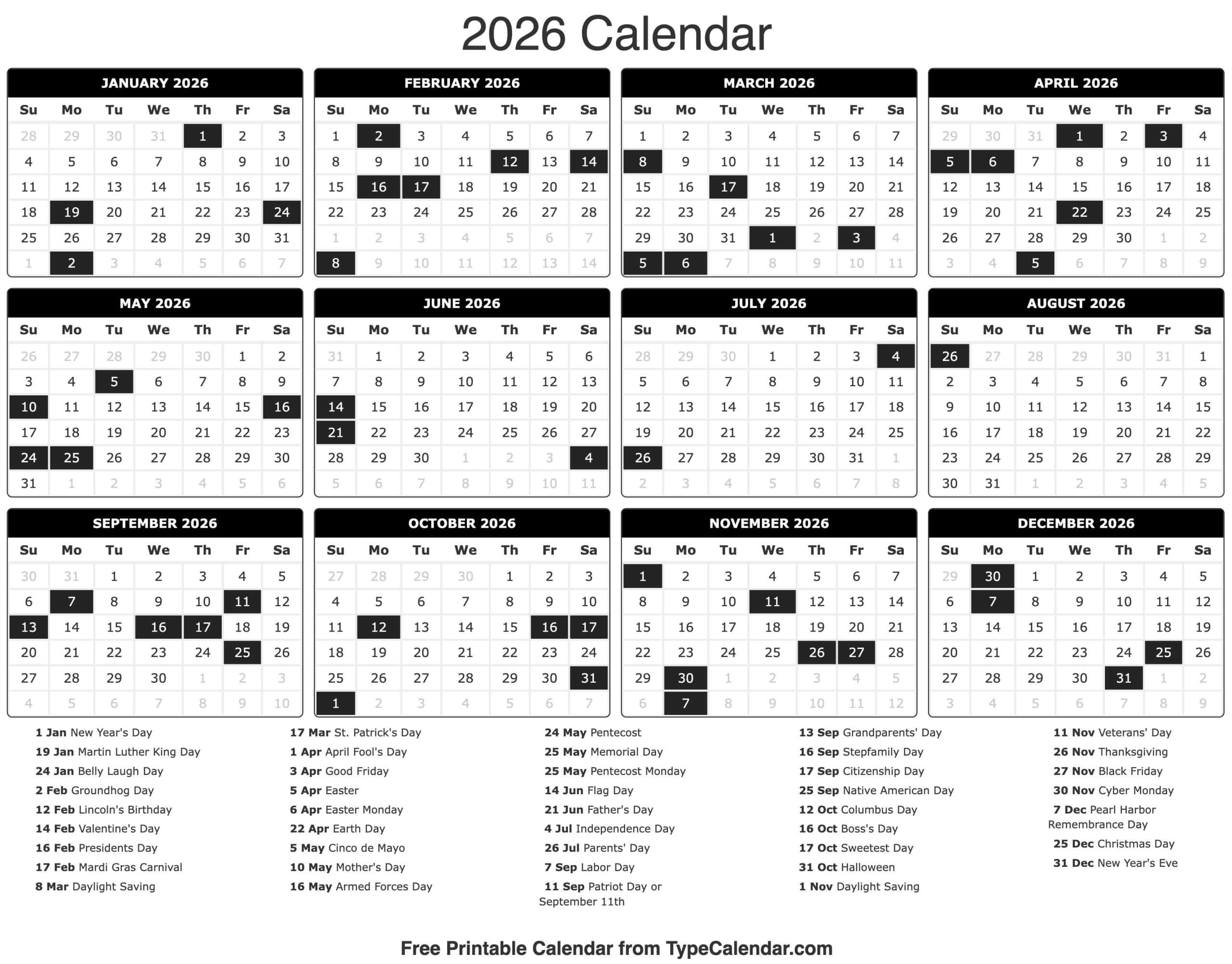 2026 Calendar Free Printable Calendar With Holidays 2026 Calendar Free Printable Calendar With Holidays