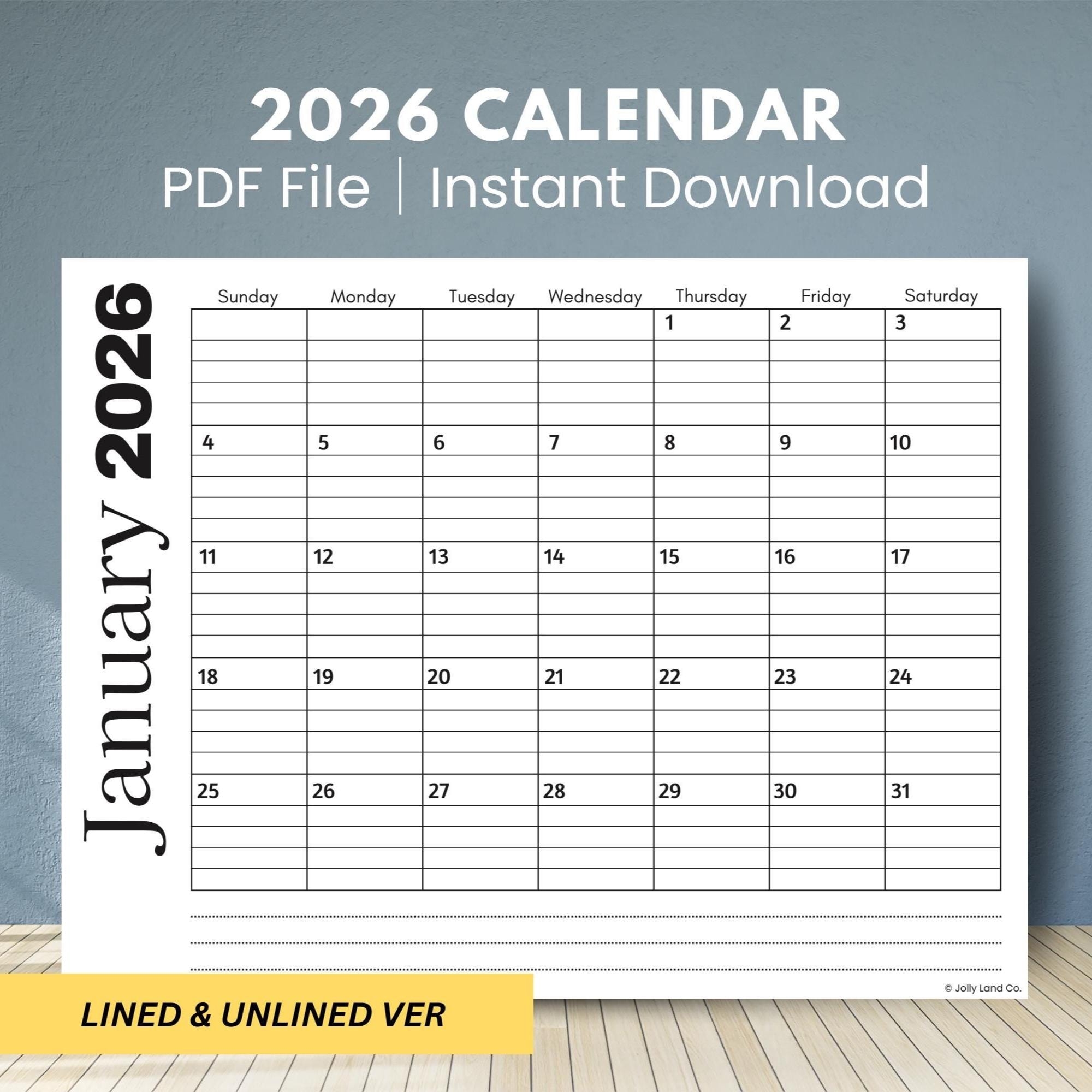 2026 Calendar Printable Monthly Planner Landscape Minimal Monthly Calendar 2026 Printable Sunday Monday Start Letter Wall Calendar Etsy