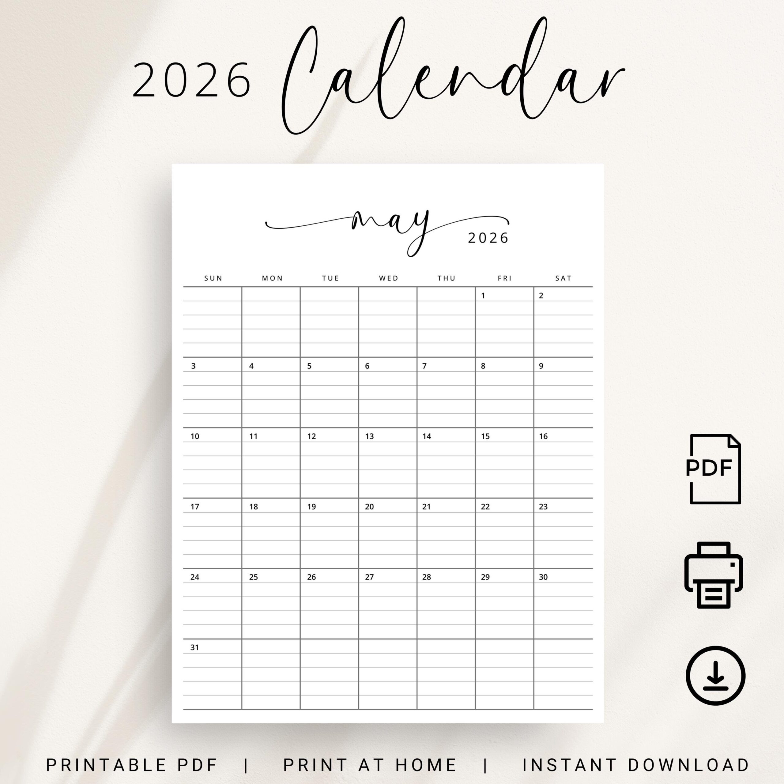 2026 Planner With Lines 2026 Monthly Calendar 2026 Lined Block Printable PDF Desk Calendar Portrait A4 Letter Size Vertical Agenda Elegant Etsy