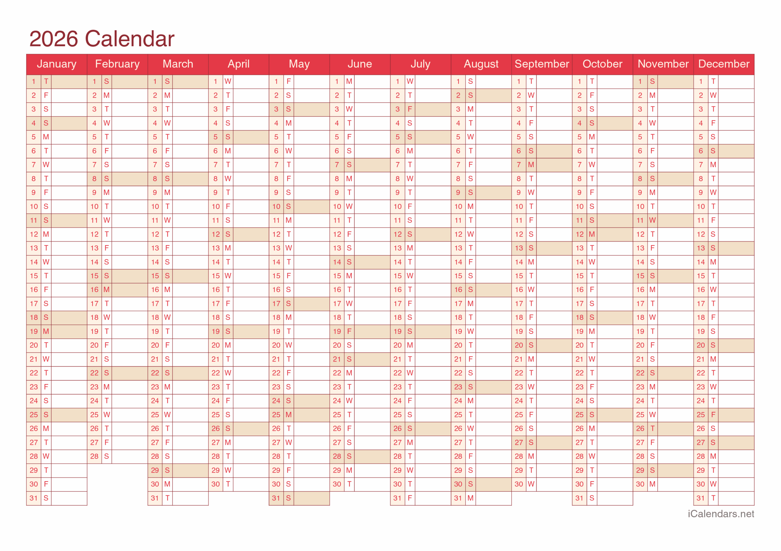 2026 Printable Calendar PDF Or Excel