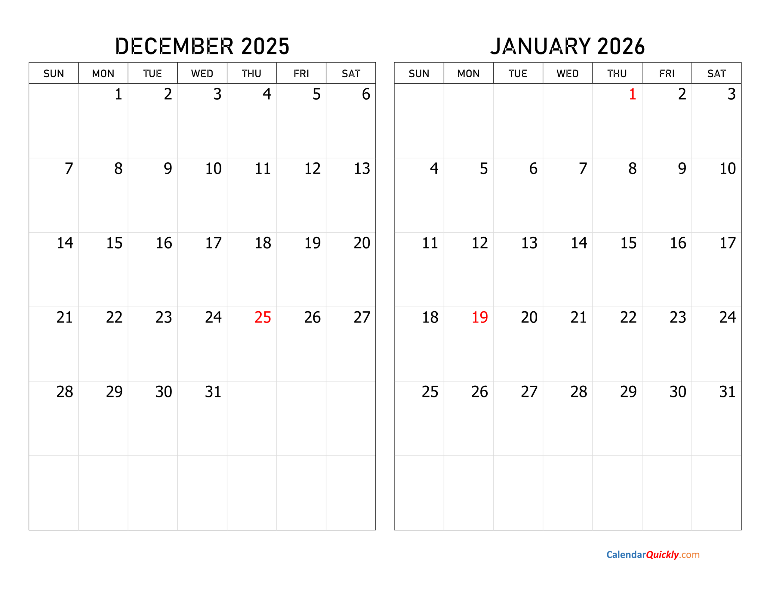 December 2025 And January 2026 Calendar Calendar Quickly