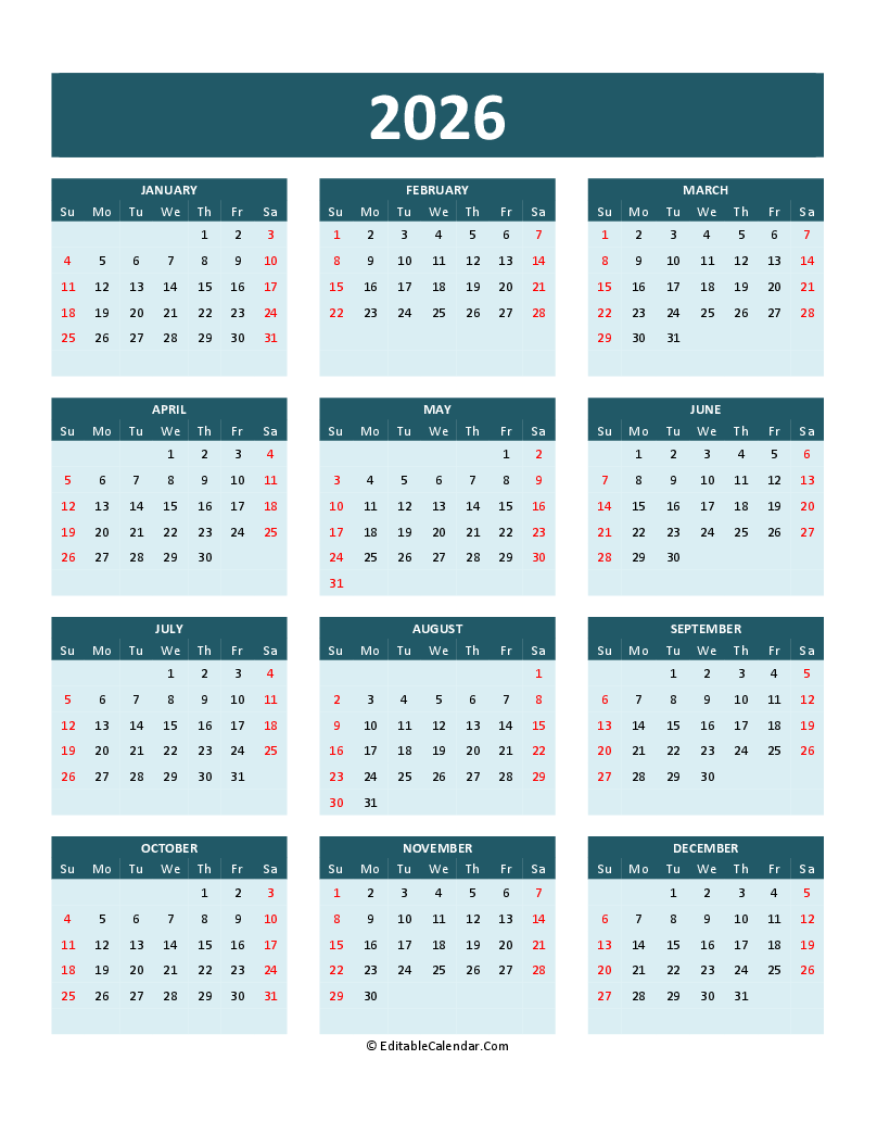 Download 2026 Calendar Printable Word Pdf Word Version