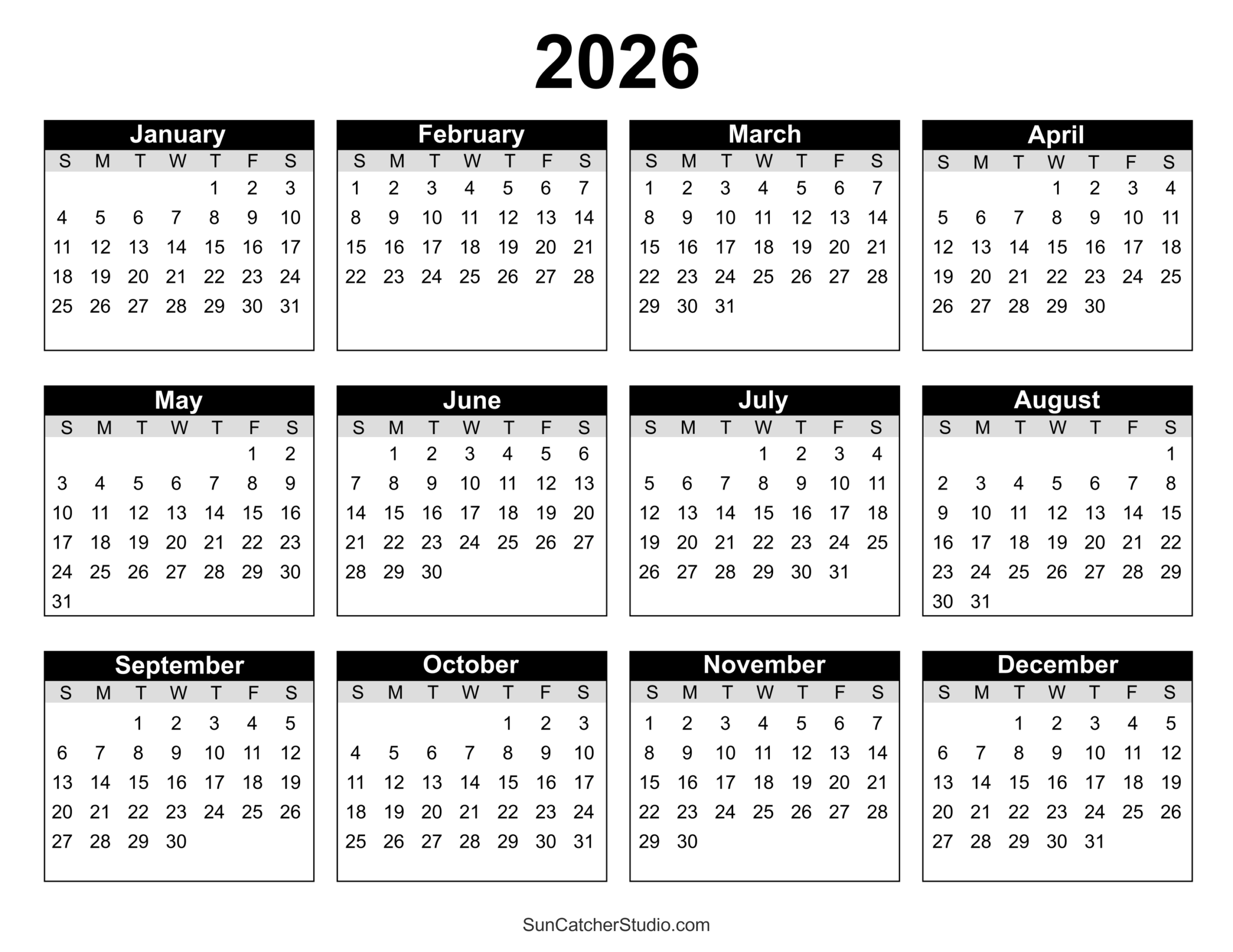 Free Printable 2026 Yearly Calendar Free Printables Lettering SVG Files Tools Apps