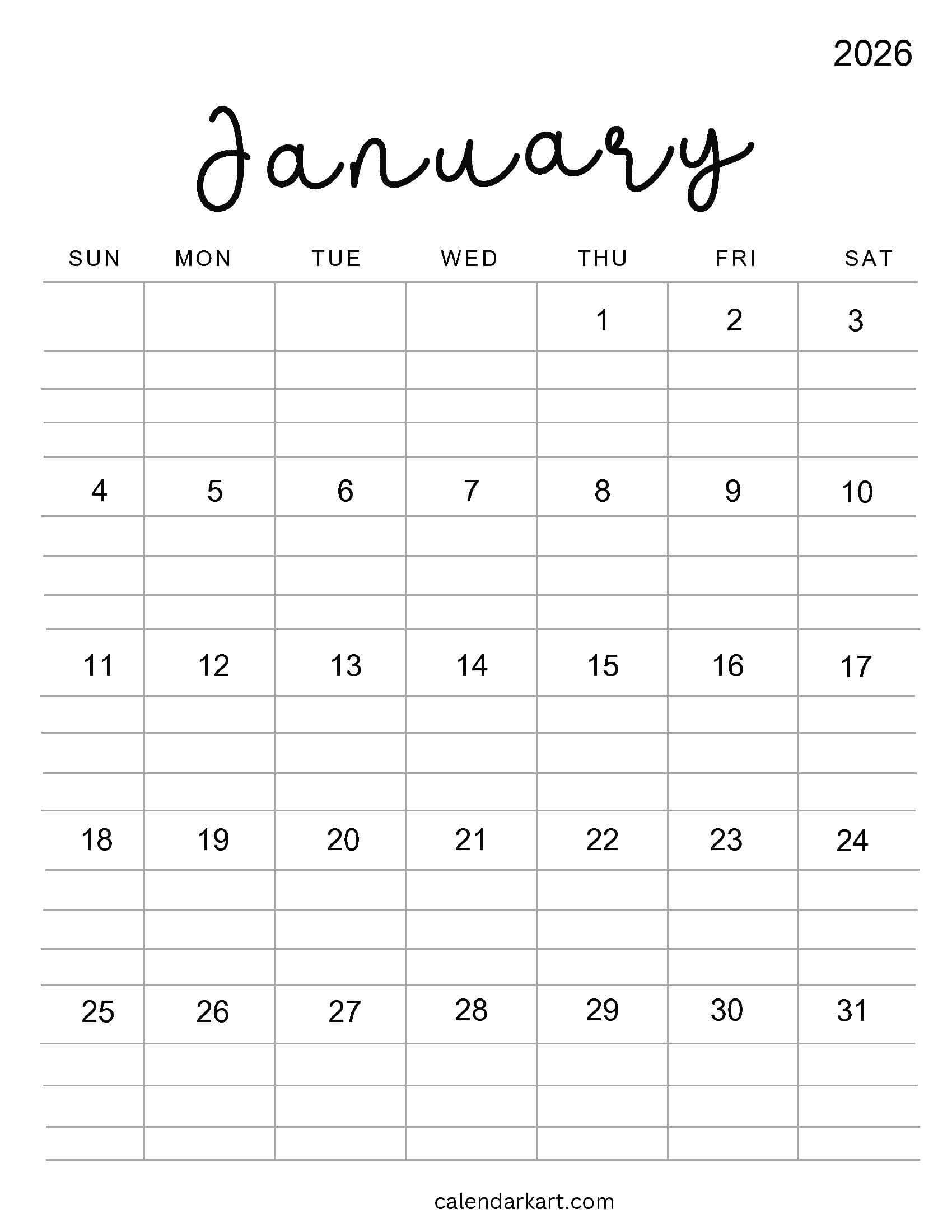 January 2026 Calendar Free Printable PDF CalendarKart