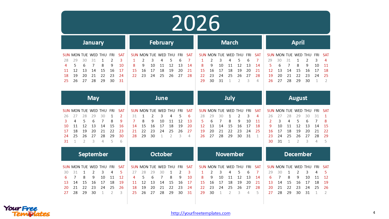 Plan Ahead With The 2026 Calendar Printable Free PowerPoint Template